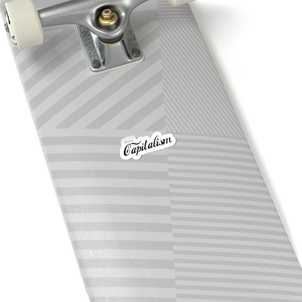 Enjoy Capitalism Kiss-Cut Sticker — Retro Script Logo Decal for Laptops, Water Bottles & Journals